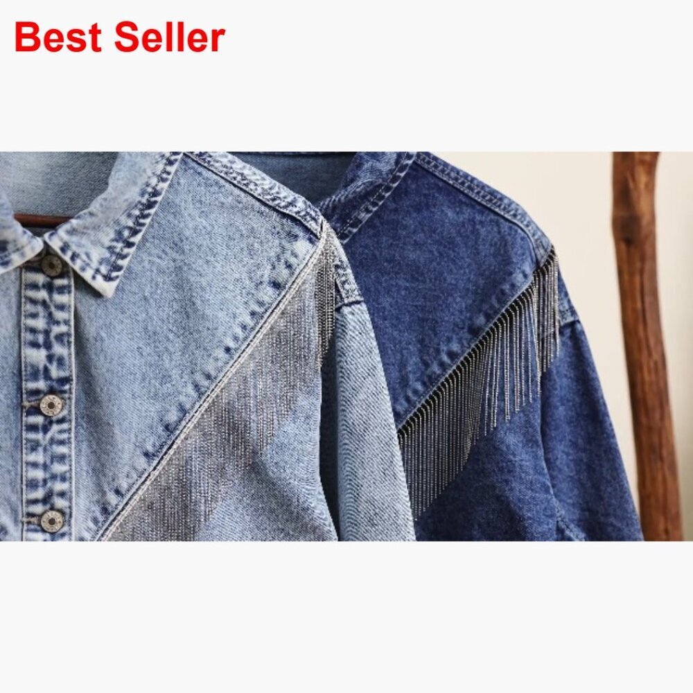 Fringed Denim Jacket Oversized Tassel Sparkly Western Style - Picture 6 of 7